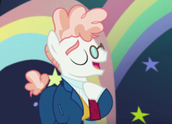 Size: 642x464 | Tagged: safe, screencap, svengallop, earth pony, pony, g4, the mane attraction, clothes, cute, eyes closed, glasses, male, necktie, smiling, solo, stallion, svenabetes, when he smiles