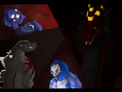 Size: 2800x2100 | Tagged: safe, artist:kyuuno-chan, princess luna, dragon, kaiju, fanfic:the bridge, g4, creepypasta, crossover, fanfic art, godzilla, godzilla (series), godzilla junior, high res, short mane, solomon