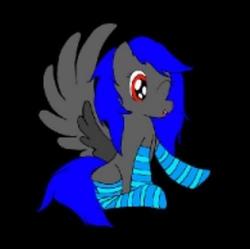 Size: 500x498 | Tagged: artist needed, source needed, safe, oc, oc only, oc:dream wish, pegasus, pony, black background, blue, bold and brash, clothes, ear, edgy, female, gray, hair, mane, mare, needs more jpeg, no you, one eye closed, open mouth, raised hoof, red, simple background, socks, solo, spread wings, striped socks, tail, wink