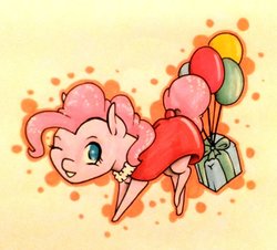 Size: 1024x924 | Tagged: safe, artist:oneiria-fylakas, pinkie pie, earth pony, pony, g4, balloon, chibi, clothes, female, one eye closed, present, solo, traditional art, wink