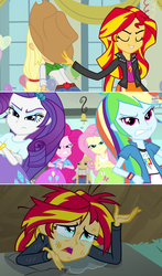 Size: 1200x2035 | Tagged: safe, edit, edited screencap, screencap, applejack, fluttershy, pinkie pie, rainbow dash, rarity, sunset shimmer, equestria girls, g4, comic, crying, female, humane five, revenge, screencap comic, sunsad shimmer