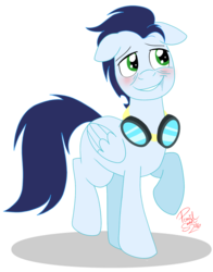 Size: 1138x1448 | Tagged: safe, artist:hufflepuffrave, soarin', pony, g4, blushing, drunk, floppy ears, goggles, male, raised hoof, simple background, solo, transparent background