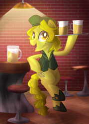Size: 1500x2100 | Tagged: safe, artist:drawntildawn, oc, oc only, oc:marigold, pony, bipedal, bipedal leaning, clothes, drink, leaning, solo, vest