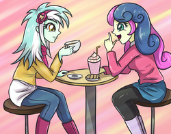 Size: 3507x2747 | Tagged: safe, artist:sumin6301, bon bon, lyra heartstrings, sweetie drops, equestria girls, g4, adorabon, clothes, coffee, cookie, cup, cute, female, food, high res, lesbian, looking at each other, lyrabetes, milkshake, open mouth, pants, plate, scarf, shake, ship:lyrabon, shipping, sitting, smiling, straw, sweater, table