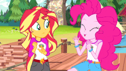 Size: 800x450 | Tagged: safe, screencap, pinkie pie, sunset shimmer, equestria girls, g4, my little pony equestria girls: legend of everfree, animated, female, gif, pinkie being pinkie