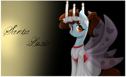 Size: 2300x1408 | Tagged: safe, artist:clefficia, pony, candle, catholicism, christianity, clothes, female, floral head wreath, flower, glimmer wings, looking at you, mare, name, ponified, saint lucy, saint lucy's day, solo, three quarter view, wreath