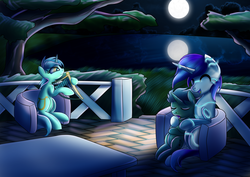 Size: 1280x907 | Tagged: safe, artist:elmutanto, lyra heartstrings, oc, oc:emerald symphony, oc:raribot, robot, g4, canon x oc, colt, emerald symphony, lyre, male, married couple, mother and son, musical instrument, night, parents:canon x oc, patio, raribot, shipping, singing, sleeping