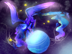 Size: 2568x1934 | Tagged: safe, artist:xkittyblue, princess luna, pony, g4, female, glowing wings, horn, horn jewelry, jewelry, moon, solo, space, stars