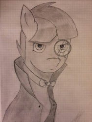 Size: 557x741 | Tagged: safe, artist:lxden, oc, oc only, oc:tau, pony, bowtie, cloak, clothes, daughter, gentlepony, graph paper, implied pegasus, monochrome, monocle, russia, solo, traditional art