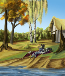 Size: 3307x3845 | Tagged: safe, artist:kirillk, oc, oc only, autumn, basket, high res, picnic, river, scenery, tree