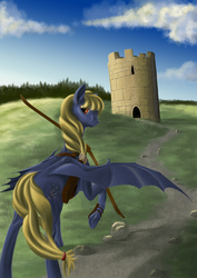Size: 2480x3508 | Tagged: safe, artist:kirillk, oc, oc only, bat pony, pony, arrow, bow (weapon), bow and arrow, high res, solo, tower, weapon