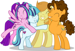 Size: 7000x4763 | Tagged: safe, artist:limedazzle, artist:vaniaeditors, edit, vector edit, aria blaze, braeburn, cheese sandwich, sonata dusk, earth pony, pegasus, pony, unicorn, equestria girls, g4, ^^, absurd resolution, alternate equal four, alternate universe, equestria girls ponified, eyes closed, female, happy, hug, male, mare, ponified, show accurate, simple background, smiling, stallion, transparent background, vector