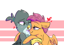 Size: 1024x734 | Tagged: dead source, safe, artist:shiny-cooler, gabby, scootaloo, griffon, g4, female, gabbyloo, heart, hug, interspecies, lesbian, older, older scootaloo, shipping