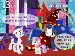 Size: 1024x768 | Tagged: safe, artist:bronybyexception, princess luna, rarity, sweetie belle, pony, g4, advent calendar, beard, christmas, discworld, facial hair, grim reaper, hearth's warming eve, hogfather, present, scythe, star swirl the bearded costume, sword, terry pratchett, the hogfather, this will end in tears and/or death, vector, weapon