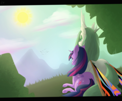 Size: 3000x2500 | Tagged: safe, artist:kyuuno-chan, twilight sparkle, alicorn, changeling, changeling queen, kaiju pony, pony, fanfic:the bridge, g4, butterfly wings, changelingified, commission, crossover, duo, female, high res, mare, mothra lea, ponified, prone, shipping, species swap, twilight sparkle (alicorn)