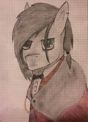 Size: 501x691 | Tagged: safe, artist:lxden, oc, oc only, oc:hell fire, pony, bowtie, brother, cloak, clothes, ear piercing, earring, gentlepony, graph paper, green eyes, jewelry, piercing, russia, solo, traditional art