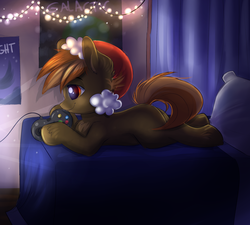 Size: 2000x1800 | Tagged: safe, artist:confetticakez, button mash, earth pony, pony, g4, bed, buttonbetes, christmas lights, colt, controller, cute, foal, hat, lying down, male, poster, prone, pumkinroll is trying to murder us, santa hat, solo, video game