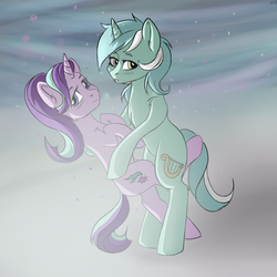 Size: 1000x1000 | Tagged: safe, artist:cottonaime, lyra heartstrings, starlight glimmer, pony, unicorn, g4, bipedal, blushing, chest fluff, colored, crack shipping, cute, female, glimmerbetes, hug, lesbian, looking at you, lyrabetes, mare, shipping, simple background, smiling, standing, starlyra