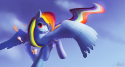 Size: 4400x2350 | Tagged: safe, artist:auroriia, rainbow dash, butterfly, pony, g4, female, flying, high res, large wings, solo, wings
