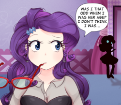 Size: 1150x1000 | Tagged: safe, artist:lucy-tan, rarity, sweetie belle, human, g4, spoiler:comic, spoiler:comic01, ..., carousel boutique, clothes, glasses, humanized, mouth hold, scene interpretation, silhouette, sisters, thought bubble
