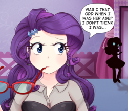 Size: 1150x1000 | Tagged: safe, artist:lucy-tan, rarity, sweetie belle, human, friendship is magic #1, g4, spoiler:comic, ..., carousel boutique, clothes, glasses, humanized, mouth hold, scene interpretation, silhouette, sisters, thought bubble