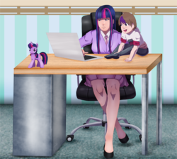 Size: 2206x1978 | Tagged: safe, artist:jeyrablue, twilight sparkle, oc, oc:ben parker sparkle, human, g4, chair, clothes, commission, computer, crossover, desk, doll, high heels, humanized, laptop computer, mother and son, office chair, offspring, parent:peter parker, parent:twilight sparkle, parents:spidertwi, shoes, skirt, spiders and magic: rise of spider-mane, toy