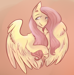 Size: 1280x1293 | Tagged: safe, artist:aude-okami, fluttershy, pony, g4, blushing, female, hoof on chin, looking away, simple background, smiling, solo, spread wings, unshorn fetlocks