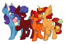 Size: 1024x687 | Tagged: safe, artist:crownedspade, oc, oc only, oc:goldenfox, oc:keyframe, oc:solar flare, dracony, hybrid, pegasus, pony, unicorn, female, food, goldenkey, ice cream, magic, mare