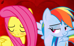 Size: 2560x1600 | Tagged: safe, artist:slb94, fluttershy, rainbow dash, g4, blushing, cute, eyes closed, female, grin, lesbian, lidded eyes, ship:flutterdash, shipping, smiling, spread wings, wallpaper