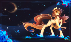 Size: 3400x2000 | Tagged: safe, artist:koveliana, oc, oc only, oc:eliana muse, pony, chest fluff, chromatic aberration, cloud, commission, crescent moon, flower, high res, looking back, night sky, petals, raised hoof, shooting star, solo, sparkles, stars, transparent moon, unshorn fetlocks
