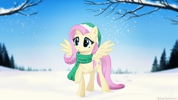 Size: 1920x1080 | Tagged: safe, artist:lilapudelpony, fluttershy, pony, g4, clothes, female, hat, looking at something, raised hoof, scarf, snow, snowflake, solo, spread wings, standing, winter