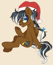 Size: 3303x4061 | Tagged: safe, artist:hawthornss, oc, oc only, oc:mortarboard, pony, glasses, hair accessory, hat, high res, looking at you, santa hat, simple background, sitting, smiling, solo, underhoof