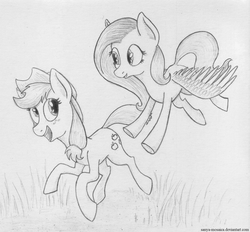 Size: 1578x1464 | Tagged: safe, artist:sanya-mosaica, applejack, fluttershy, duo, looking at each other, monochrome, pencil drawing, sketch, traditional art