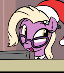 Size: 287x327 | Tagged: safe, artist:shoutingisfun, edit, editor:wenni, grace manewitz, earth pony, pony, g4, christmas, colored, computer, cropped, cute, desk, female, glasses, hat, mare, open mouth, pencil, santa hat, secretary, smiling, solo