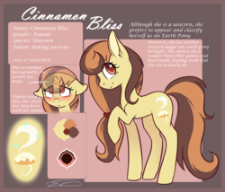 Size: 1214x1038 | Tagged: safe, artist:doekitty, oc, oc only, oc:cinnamon bliss, pony, unicorn, female, floppy ears, horn, mare, reference sheet, small horn, solo