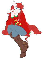Size: 1280x1741 | Tagged: safe, artist:mylittlesheepy, oc, oc only, oc:air raid, anthro, plantigrade anthro, anthro oc, bedroom eyes, boots, christmas sweater, clothes, crossed legs, femboy, high heels, jeans, long hair, looking at you, male, pants, simple background, solo, sweater, transparent background, trap