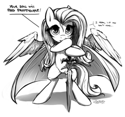 Size: 2000x1867 | Tagged: safe, artist:fidzfox, fluttershy, pony, g4, badass, badass adorable, bipedal, cape, clothes, crossover, cute, female, flutterbadass, frostmourne, frown, grayscale, hoof hold, if you don't mind, looking at you, monochrome, runes, solo, spread wings, sword, warcraft, weapon