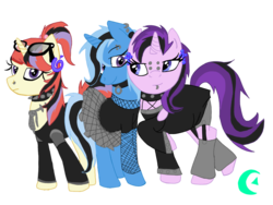 Size: 1024x768 | Tagged: safe, artist:beanbases, artist:drunkhorse-inn, moondancer, starlight glimmer, trixie, pony, unicorn, g4, alternate hairstyle, base used, belt, chains, choker, clothes, counterparts, dress, ear piercing, earring, eyebrow piercing, eyeliner, female, fishnet stockings, glasses, goth, hair dye, jewelry, lesbian, lip piercing, looking at each other, looking at you, makeup, mare, messy hair, messy mane, nose piercing, nose ring, piercing, plaid, ship:startrix, shipping, simple background, skirt, smiling, spiked choker, transparent background, twilight's counterparts