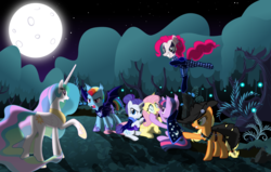 Size: 6000x3810 | Tagged: safe, artist:magister39, applejack, fluttershy, pinkie pie, princess celestia, rainbow dash, rarity, twilight sparkle, bat pony, bat pony unicorn, hybrid, pony, unicorn, g4, absurd resolution, alternate timeline, alternate universe, angry, armor, blind, cape, clothes, crying, evil grin, fangs, freckles, full moon, grin, hat, horn, mane six, new lunar republic, night guard dash, night maid rarity, night sky, nightmare takeover timeline, nightmareverse, open mouth, pointing, race swap, raised hoof, scenery, sitting, smiling, spread wings, stars, torn clothes, tree, twibat