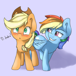 Size: 3200x3200 | Tagged: safe, artist:dbleki, applejack, rainbow dash, pony, g4, :o, applebetes, blushing, butt touch, confused, cute, dashabetes, duo, feathermarking, female, fluffy, fluffyball, gradient background, grin, high res, jackabetes, lesbian, lidded eyes, looking at you, love, never doubt tchernobog's involvement, open mouth, ship:appledash, shipping, smiling, sweet dreams fuel, wide eyes