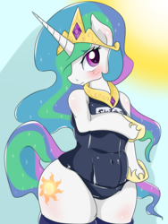 Size: 900x1200 | Tagged: safe, artist:umejiru, princess celestia, alicorn, pony, semi-anthro, g4, arm hooves, belly, belly button, big belly, bipedal, bloated, blushing, chubby, chubbylestia, clothes, fat, female, hind legs, legs together, looking away, not pregnant, one-piece swimsuit, pixiv, plump, pudgy, round belly, school swimsuit, socks, solo, stomach, sukumizu, swimsuit, thigh highs, weight gain