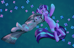 Size: 1024x663 | Tagged: safe, artist:thiefofcookies, marble pie, starlight glimmer, earth pony, pony, g4, crossed hooves, duo, fireworks, flower, jewelry, leg in air, on back, open mouth, pointing, smiling, stargazing, tiara, underhoof