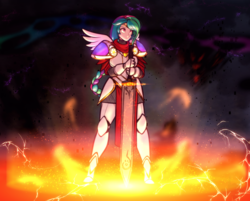 Size: 3241x2600 | Tagged: safe, artist:scorpdk, princess celestia, human, alternate hairstyle, armor, badass, circlet, female, fire, humanized, lightning, pony coloring, solo, story in the comments, sword, warrior celestia, weapon, winged humanization