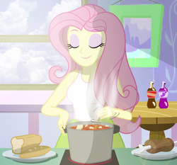 Size: 2463x2296 | Tagged: safe, artist:sumin6301, fluttershy, equestria girls, g4, bread, clothes, cooking, cute, eyes closed, female, food, high res, kitchen, meat, shyabetes, skirt, smiling, soda, solo, stew, sunlight, tank top