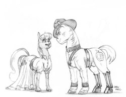 Size: 1400x1082 | Tagged: safe, artist:baron engel, big macintosh, cheerilee, earth pony, pony, g4, boots, campaign hat, clothes, crossover, dress, dudley do-right, grayscale, hat, male, monochrome, mountie, nudity, pencil drawing, sheath, ship:cheerimac, shipping, simple background, sketch, stallion, straight, traditional art, uniform, white background