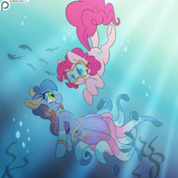 Size: 4800x4800 | Tagged: safe, artist:fluffyxai, pinkie pie, oc, fish, merpony, octopus, pony, g4, :>, :t, bubble, chest fluff, crepuscular rays, diving, floppy ears, fluffy, goggles, jewelry, looking at each other, necklace, patreon, patreon logo, pearl, scuba gear, smiling, swim mask, swimming, underhoof, underwater
