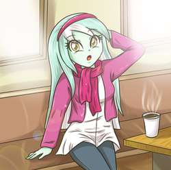 Size: 3507x3472 | Tagged: safe, artist:sumin6301, lyra heartstrings, equestria girls, g4, clothes, coffee, female, high res, scarf, solo
