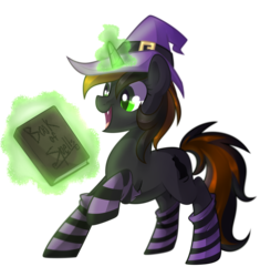 Size: 1400x1492 | Tagged: safe, artist:drawntildawn, oc, oc only, oc:catrina mewale, pony, unicorn, book, clothes, cute little fangs, fangs, glowing horn, hat, horn, levitation, magic, open mouth, raised hoof, simple background, smiling, socks, solo, striped socks, telekinesis, transparent background, witch hat