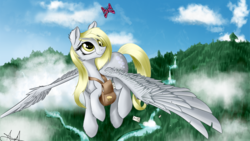 Size: 1920x1080 | Tagged: safe, artist:aurelleah, derpy hooves, butterfly, pegasus, pony, g4, alternate hairstyle, bag, cloud, cute, female, flying, forest, happy, letter, looking up, mare, river, scenery, signature, smiling, solo, stream, tree, waterfall