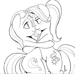 Size: 969x962 | Tagged: safe, artist:grissaecrim, starlight glimmer, trixie, pony, g4, bipedal, black and white, blushing, boop, embrace, eye contact, female, grayscale, hug, lesbian, lidded eyes, looking at each other, monochrome, nose wrinkle, noseboop, ship:startrix, shipping, simple background, sketch, smiling, white background